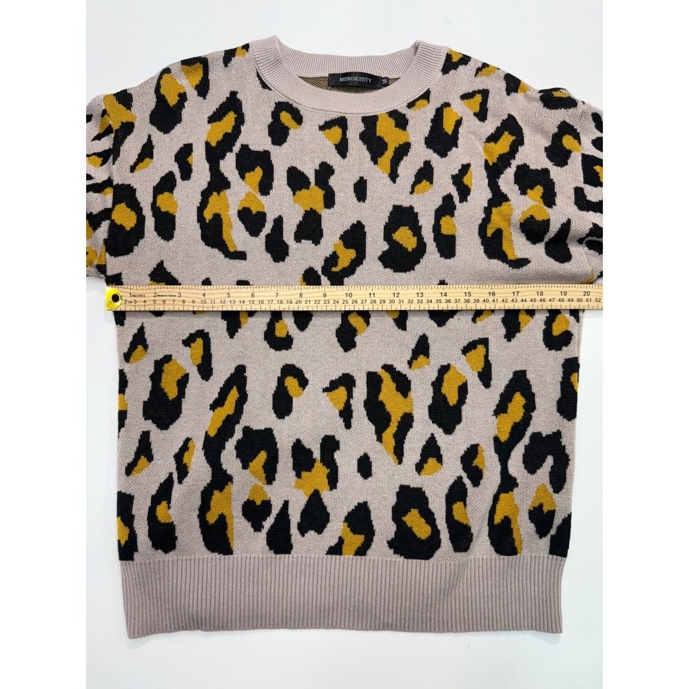 Leopard Print Crew Neck Long Sleeve Sweater Top Beige Yellow Black Size Medium - Picture 9 of 10
